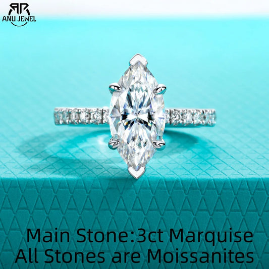 AnuJewel 3ct D Color Marquise Cut Moissanite Ring 925 Sterling Silver Engagement Wedding Ring for Women Birthday Jewelry Gift