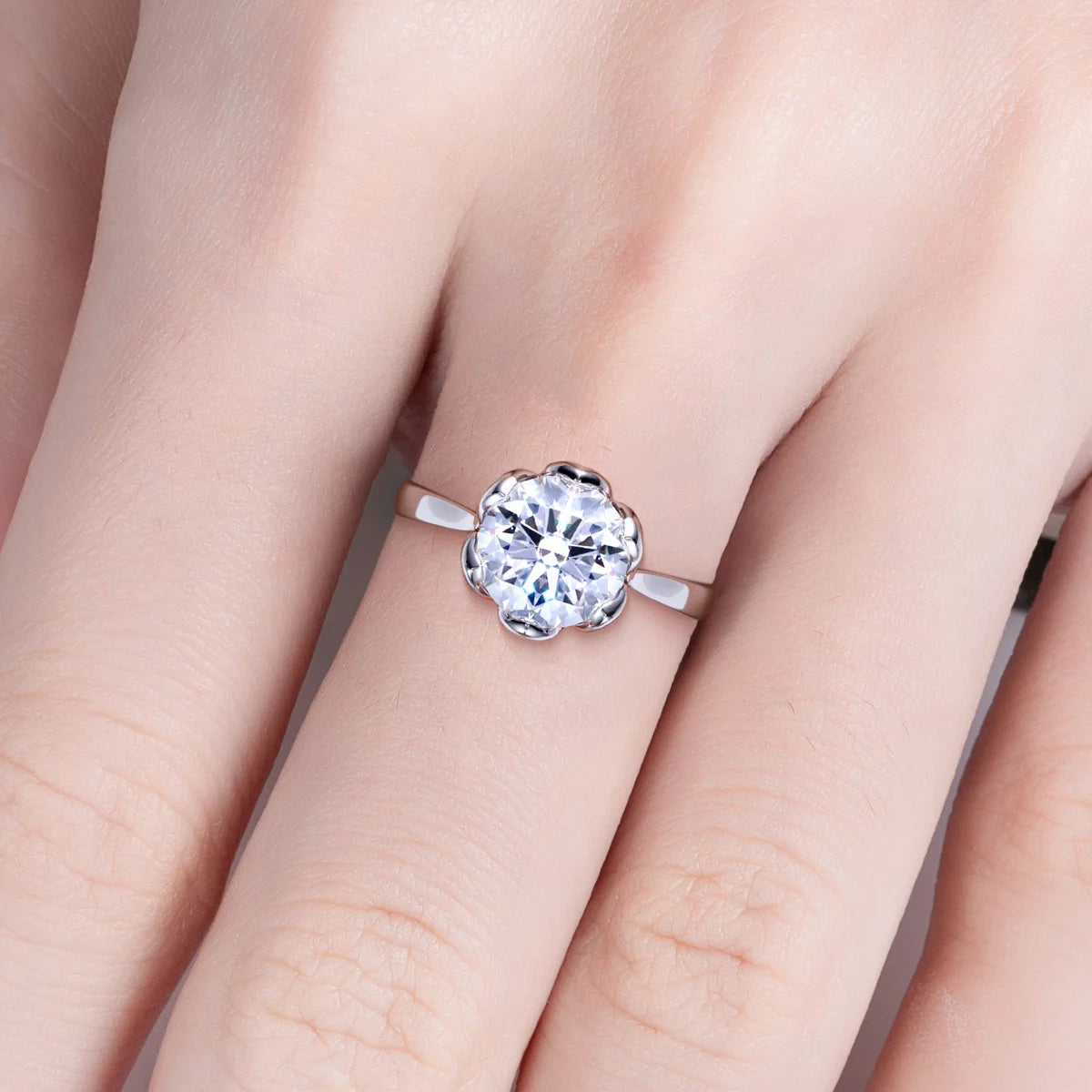 AnuJewel 3ct D Color Moissanite Lotus Engagement Ring 925 Sterling Silver Solitaire Promise Rings for Women Jewelry Gifts