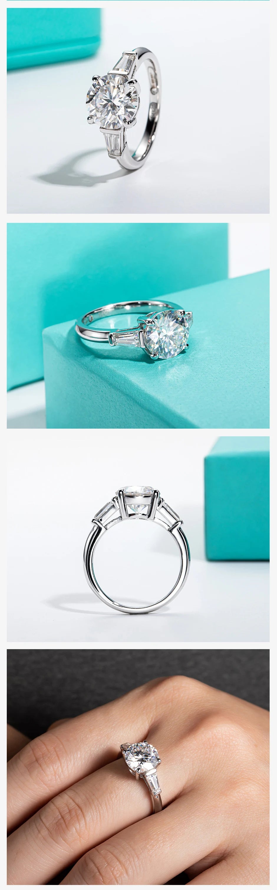 AnuJewel 3ct Moissanite Engagement Ring D Color 925 Sterling Silver With Certificate 3-Stone Wedding Rings For Women