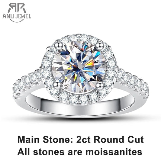 AnuJewel 2 Carat D Color Moissanite Halo Engagement Ring For Women 925 Sterling Silver Wedding Rings Fine Jewelry Wholesale