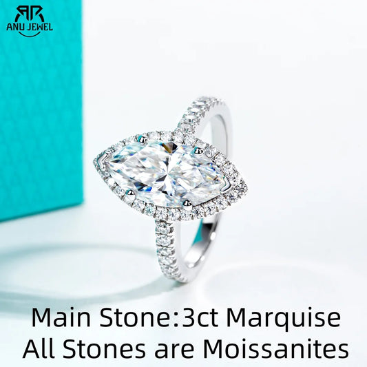 AnuJewel 3ct D Color Marquise Cut Moissanite Halo Engagement Wedding Ring 925 Sterling Silver Rings for Women Gift Jewelry