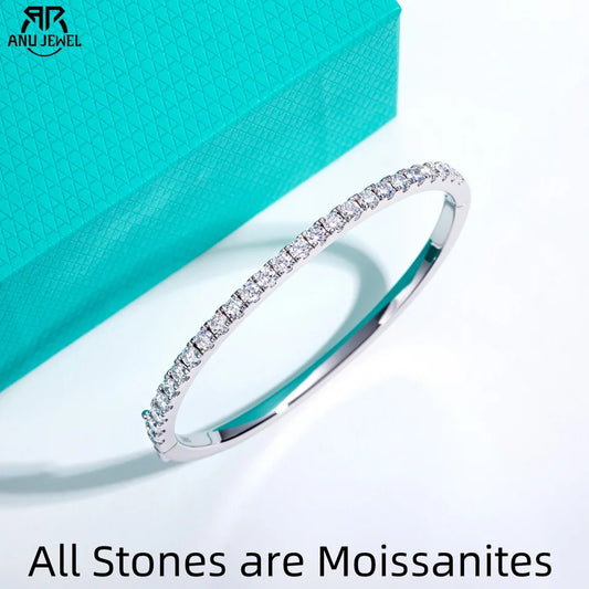 AnuJewel 3mm Half Eternity Moissanite Bracelet 925 Sterling Silver 18K White Gold Plated Bangle for Women Jewelry Gifts