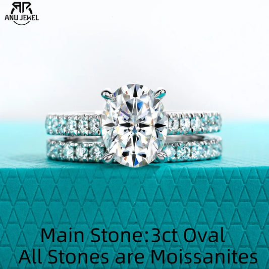 AnuJewel 3ct (Total 4.042ct) Oval Cut D Color Moissanite Bridal Ring Set Wedding Band Silver Rings With Cer Jewelry Wholesale