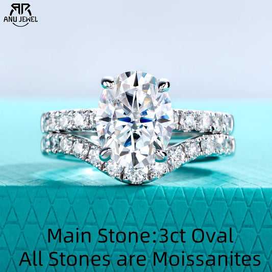 AnuJewel 3ct (Total 3.64ct) Oval Cut D Color Moissanite Bridal Ring Set Wedding Band Silver Rings With Cer Jewelry Wholesale