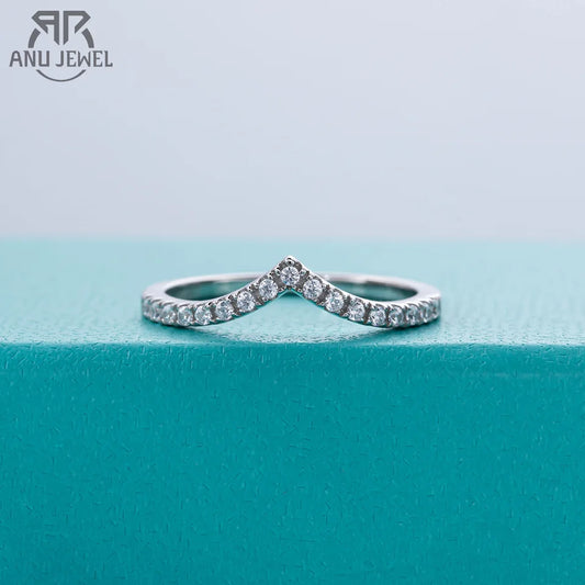 AnuJewel D Color Moissanite Diamond 18K White Gold Plated V Row Ring Classic Style Engagement Wedding Rings