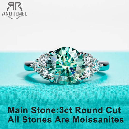 AnuJewel 3ct Round Cut Blue Green Color Moissanite Engagement Ring 18K Gold Plated Silver Luxury Wedding Ring Jewelry Wholesale