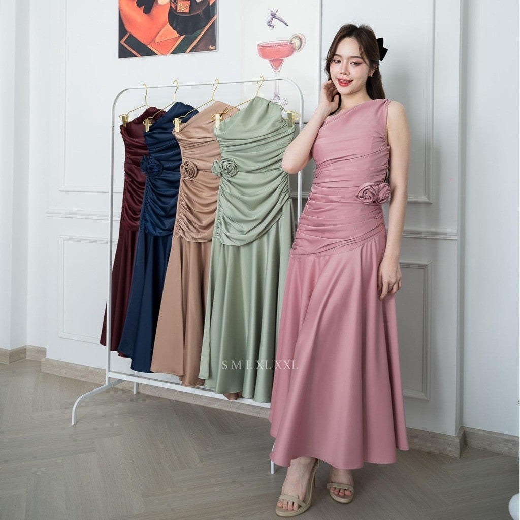 เดรสยาว ชุดออกงาน ชุดราตรียาว เดรสหรู NP050 เกรดพรีเมี่ยม ไหล่เบี่ยง Woman Dress เสื้อผ้า ผู้หญิง