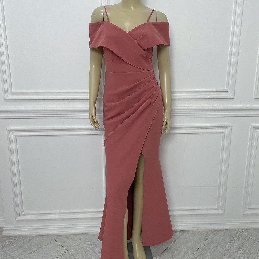 เดรสยาว ชุดออกงาน ชุดราตรี เดรสหรู N295 ผ้าโคโค่ สายเดี่ยวอ้อมแขน ต่ออก Woman Dress ผู้หญิง