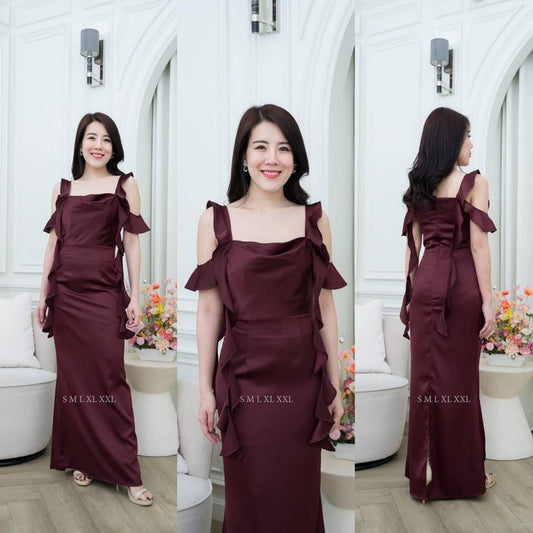 เดรสยาว ชุดออกงาน ชุดราตรียาว เดรสหรู NP033 เกรดพรีเมี่ยม แต่งระบาย สายเกลียว 4เส้น คอถ่วง งานแต่ง Woman Dress