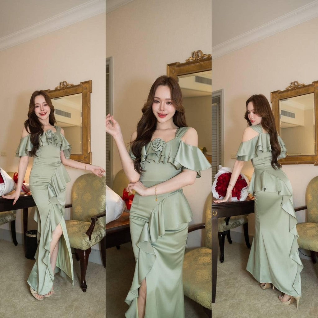 เดรสยาว ชุดออกงาน ชุดราตรียาว Luxury พรีเมี่ยม ระบาย 2 ชั้น อ้อมแขน เสื้อผ้า ผู้หญิง Dress Woman