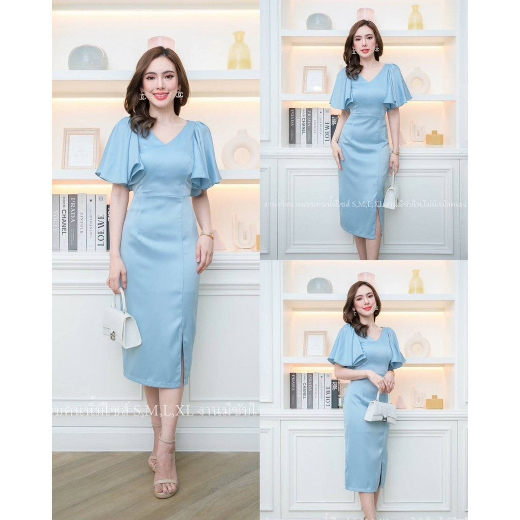 ชุดเดรสออกงาน ชุดราตรี เดรส Dress เดรสสั้น คอวี แขนระบาย ผ้าเครปซาติน ชุดออกงาน งานแต่งงาน ผู้หญิง ซิปหลัง ซับใน