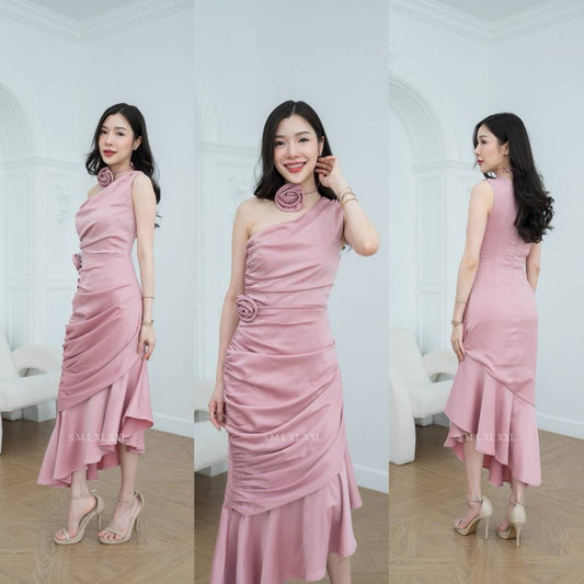 ชุดไปงานแต่ง เรียบหรู ดูแพง ชุดเดรส ชุดออกงาน ชุดราตรี NP038 พรีเมี่ยม ไหล่เบี่ยงจีบข้าง มีดอกไม้ งานแต่งงาน Woman Dress