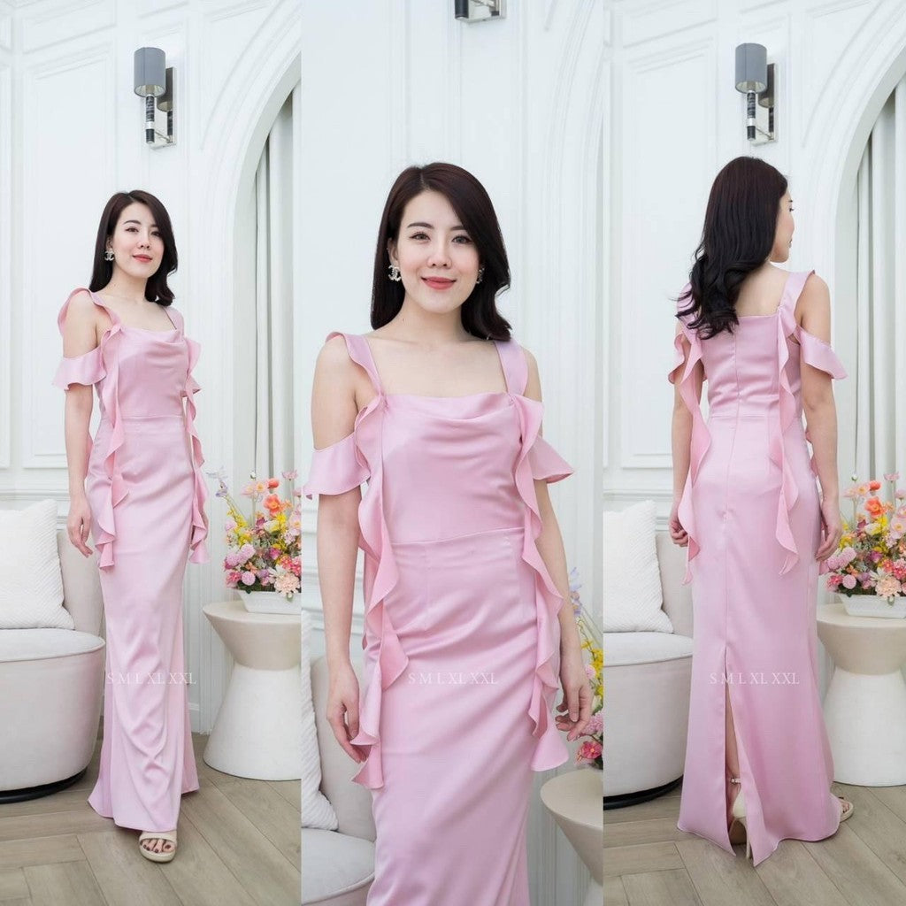 เดรสยาว ชุดเดรส ชุดราตรี NP033 เกรดพรีเมี่ยม แต่งระบาย สายเกลียว 4 เส้น คอถ่วง Woman Dress ผู้หญิง