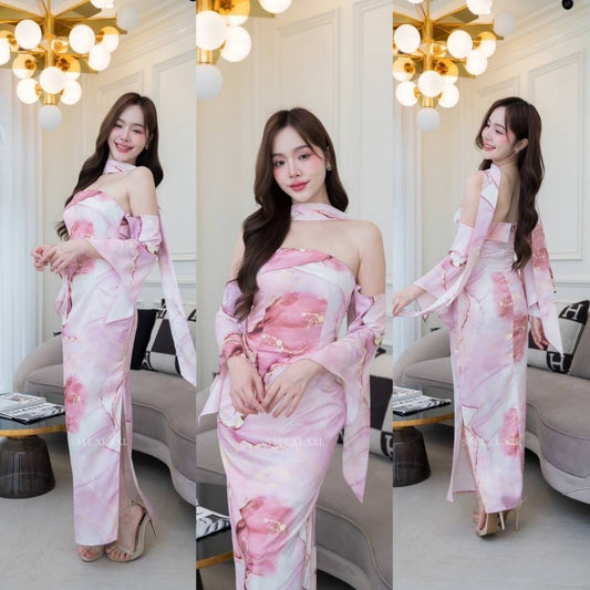 ชุดเดรสออกงาน ชุดราตรี เดรส Dress ชุดราตรี เดรสยาว ผ้าเครปซาติน พิมพ์ลาย เกาะอกยาว แขนย้อย งานแต่งงาน Woman Dresses