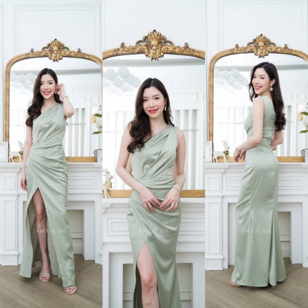 ชุดเดรสออกงาน ชุดราตรี เดรส Dress ผ้าเครปซาติน สวยหรู ไซส์ S-2XL ไหล่เฉียง พรางท้อง เดรสยาว Woman Lady Dresses
