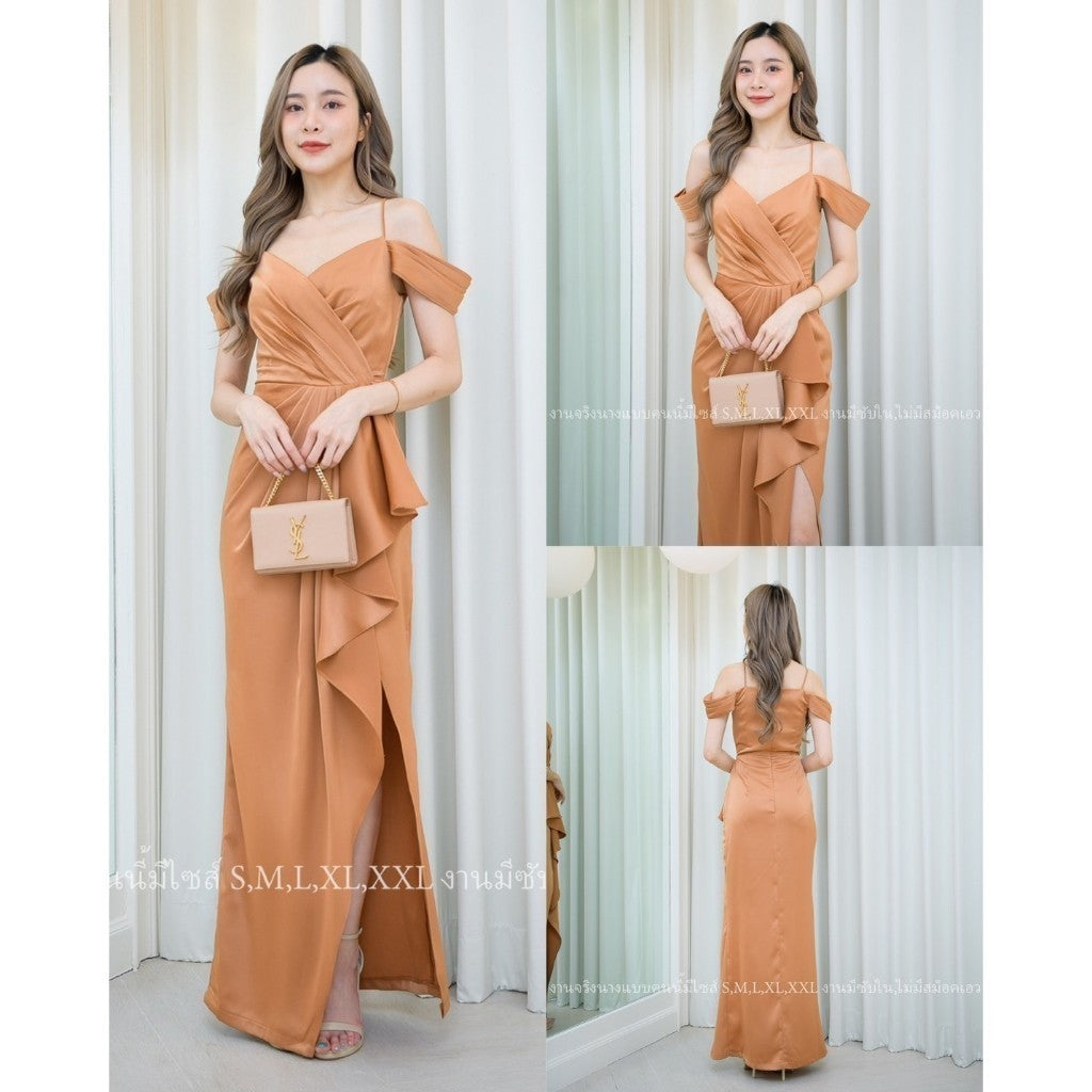 ชุดไปงานแต่งสาวอวบ ชุดราตรี ชุดเดรสออกงาน พรีเมี่ยม สวยหรู สายเดี่ยว คล้องแขน เดรสยาว Woman Lady Dresses