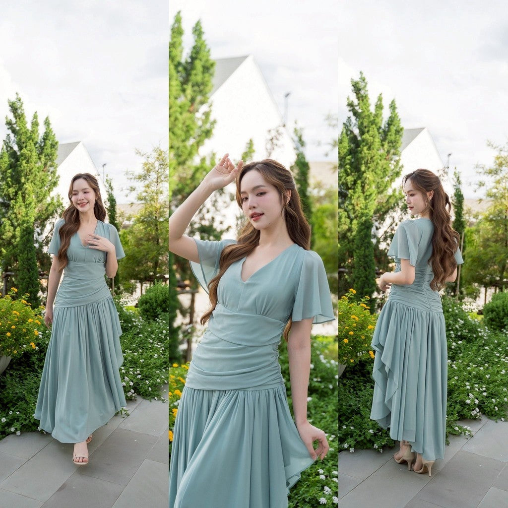 เดรส เดรสออกงาน ชุดชีฟองหรู แขนสั้น NP064 กระโปรงรูด มีซับในทั้งชุด สะโพกฟรี พร้อมส่ง ใส่ออกงานแต่ง