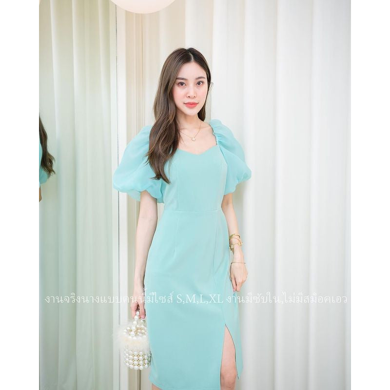 ชุดไปงานแต่ง เรียบหรู ดูแพง ชุดออกงาน ชุดเดรสออกงาน เดรสสั้น N125 แขนพอง ผ้าฮานาโกะ น่ารักมาก ขายดี งานแต่งงาน Woman
