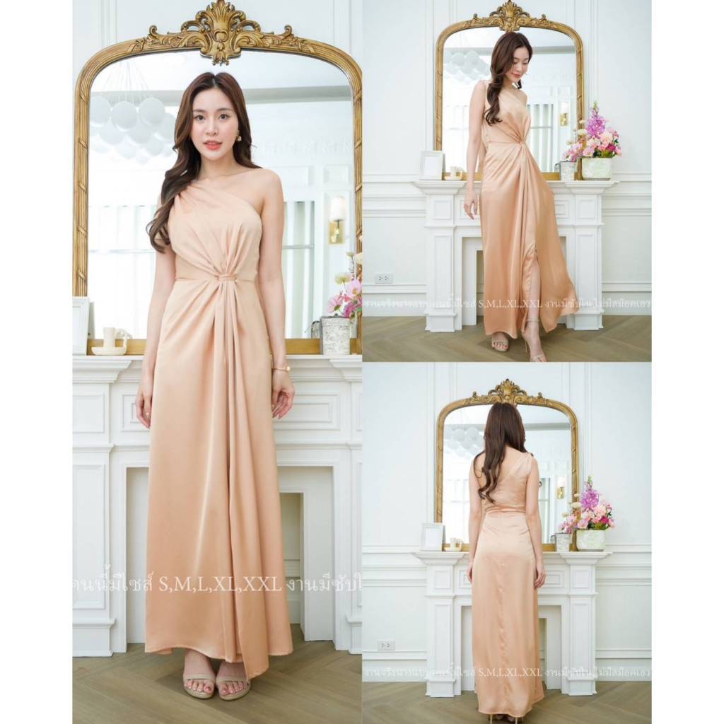ชุดไปงานแต่ง ชุดออกงาน N056 ชุดเดรสยาว ไหล่เบี่ยงหรูหรา มัดตรงกลาง ชุดราตรี เดรส ชุดออกงานกลางคืน งานแต่งงาน Dress Woman