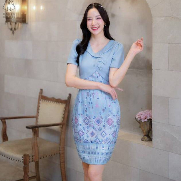 ชุดเดรสน่ารักๆ ชุดเดรส กระโปรงสั้น สีเหลือง ม่วง ชมพู ฟ้า เดรสสั้น เดรสลายไทย ชุดเดรสสวยๆ ไซส์ S M L XL 2XL Woman Dress
