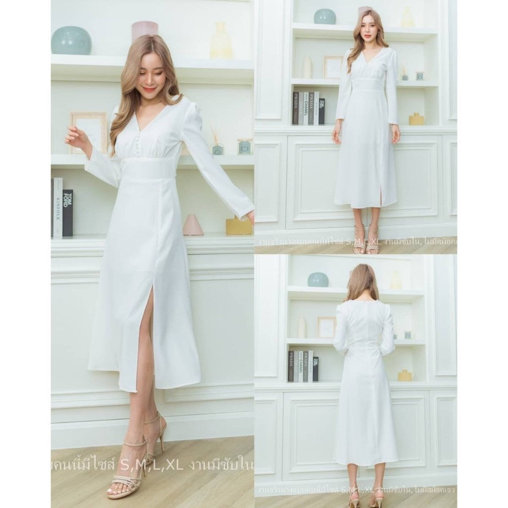ชุดไปงานแต่ง NP029 ชุดเดรสแขนยาว ผ้าทวิลคอวี ไซส์ S M L XL 2XL ชุดเดรสไปงานแต่ง เดรสยาว งานแต่งงาน Dress Woman