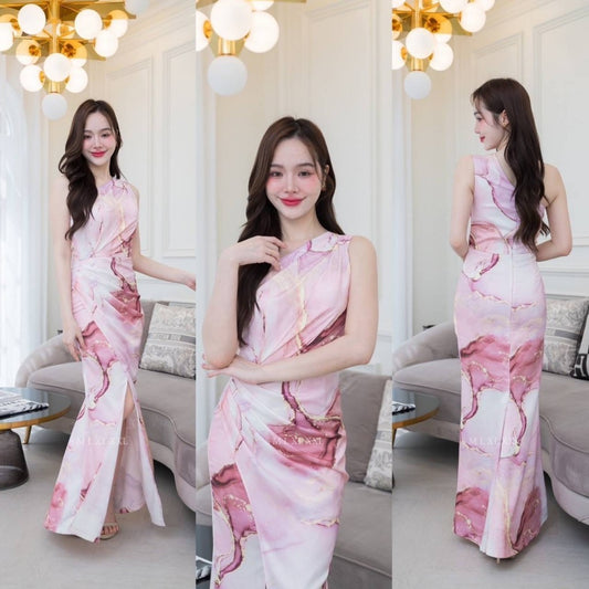 เดรสยาว ชุดออกงาน ชุดราตรี NX277 ผ้าเครปซาติน พิมพ์ลาย ไหล่เบี่ยง จีบเอว Woman Dress Dresses