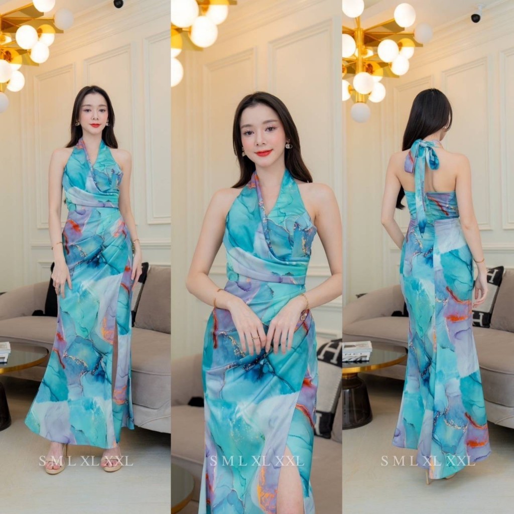 ชุดราตรี ชุดออกงาน เดรสยาว NX285 ชุดไปงานแต่ง ผ้าเครปซาติน พิมพ์ลาย คอถ่วง ผูกคอหลัง งานแต่งงาน Woman Dress Dresses
