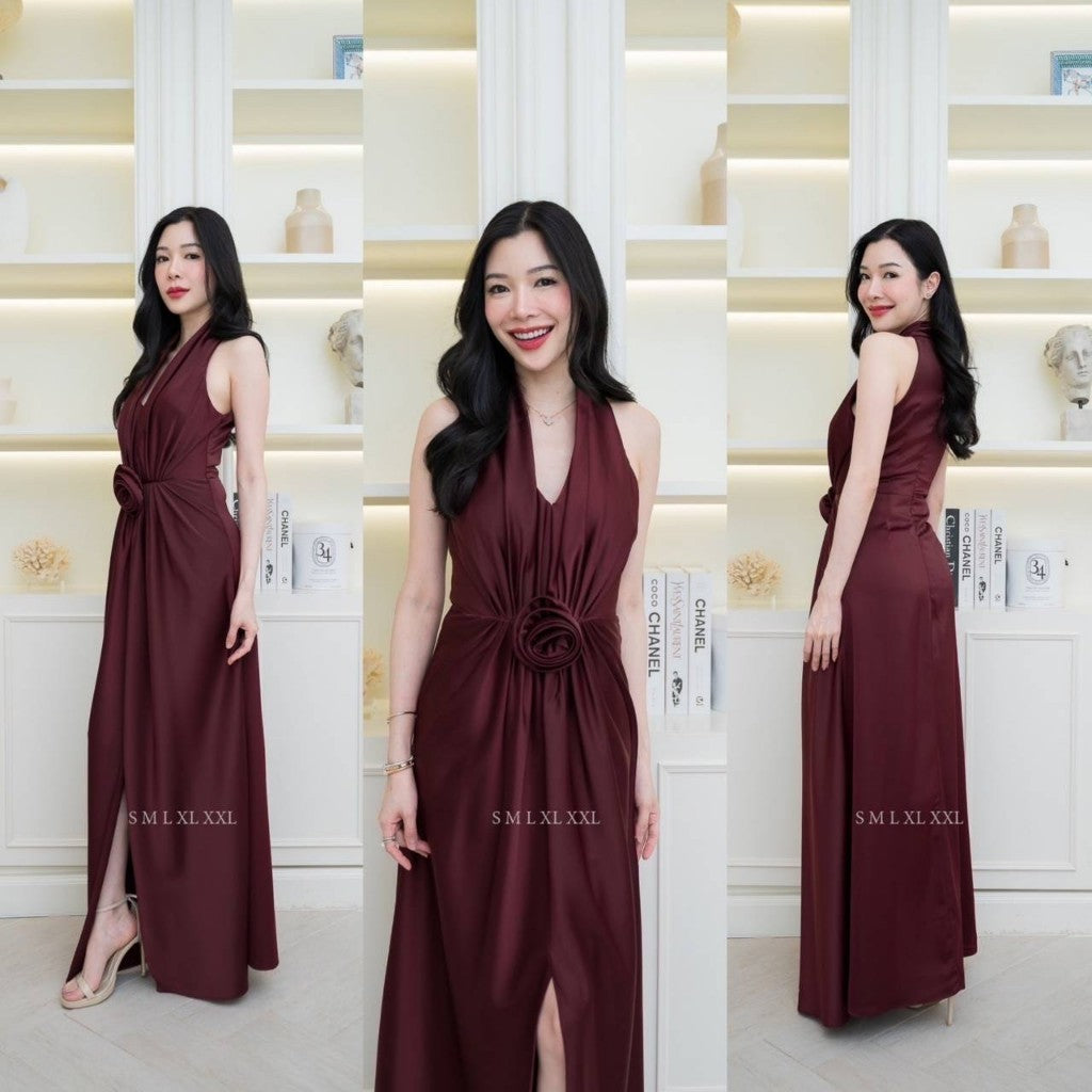เดรสยาว ชุดราตรี ชุดตรีม ธีมแดงเลือดหมู ชุดราตรีสีแดง เรียบหรู เดรสงานแต่ง ชุดไปงานแต่ง Dress Woman