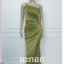 เดรสยาว ชุดออกงาน เครปซาติน ปาดไหล่ สายเดี่ยว สายเพชร NP030 พร้อมส่ง ใส่ไปงานแต่ง ชุดราตรีสวยหรู