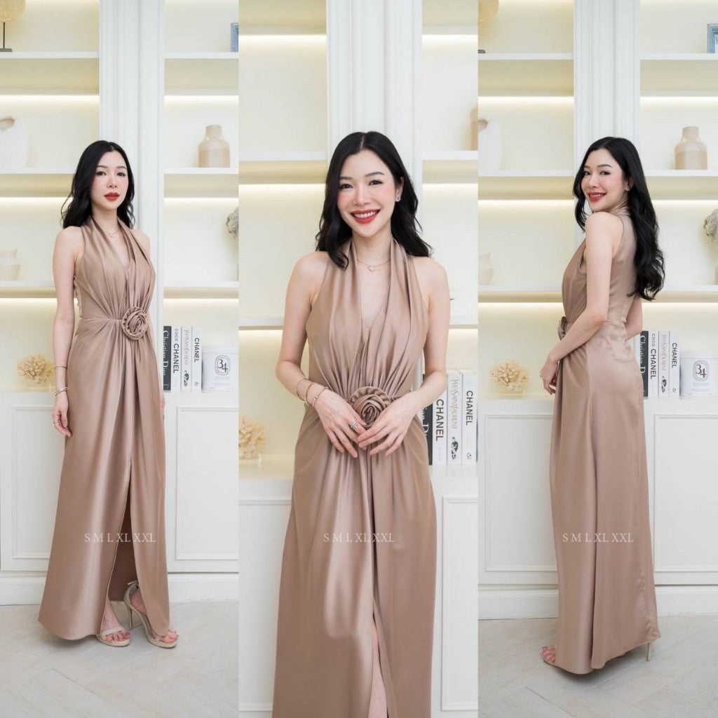 เดรสยาว ชุดราตรี ชุดตรีม ธีมโอวัลติน ชุดราตรี สีเอิร์ธโทน เรียบหรู เดรสงานแต่ง พร้อมส่ง Dress Woman