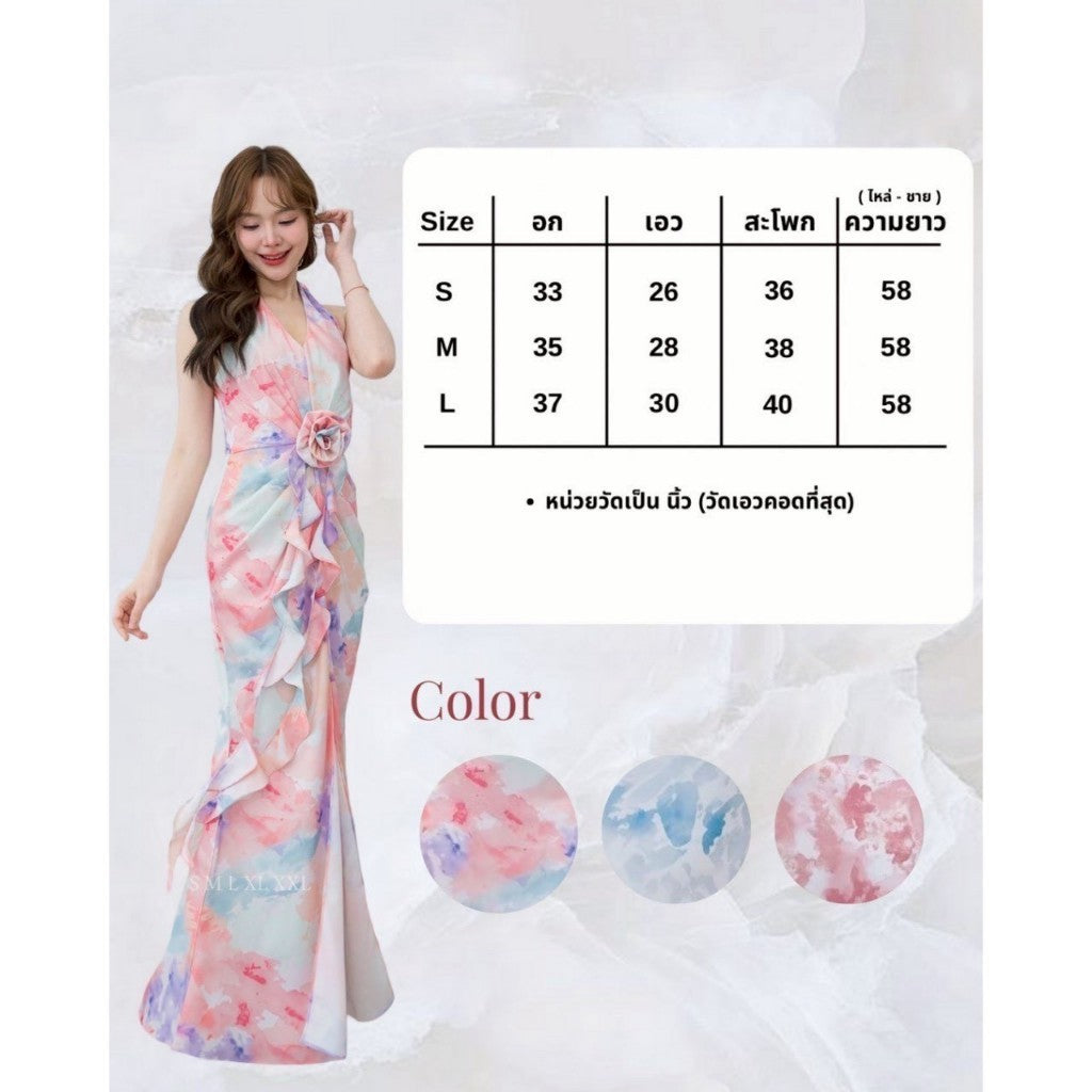 เดรส ชุดเดรส เดรสยาว ชุดราตรี เดรสออกงาน N303 ผ้าพิมพ์ลาย ชุดราตรียาว คล้องคอ ผูกหลัง พร้อมส่ง Woman
