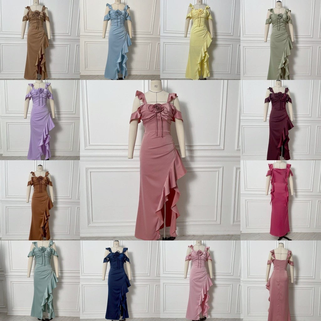 เดรสยาว ชุดออกงาน VINA DRESS พรีเมี่ยม เครปซาติน สายเกลียวหรู แถม ดอกไม้ ชุดราตรีเรียบหรู พร้อมส่ง