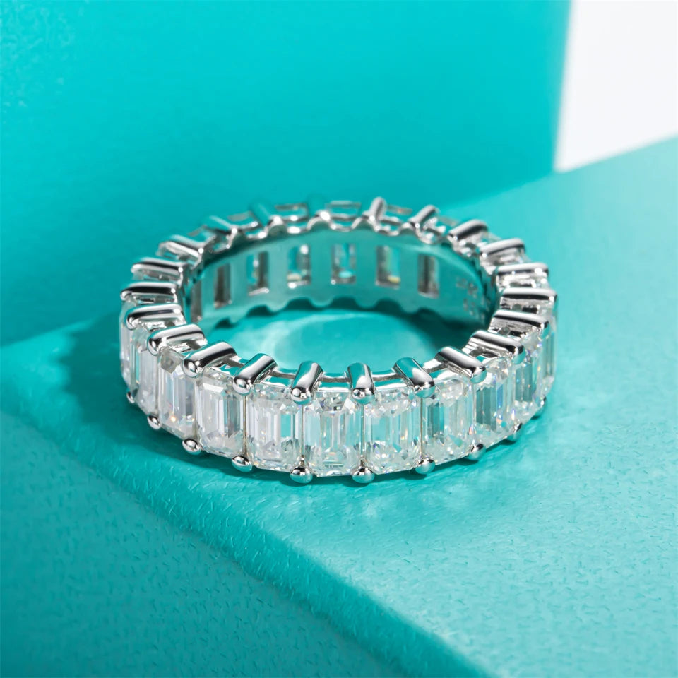 AnuJewel 3*5mm 8.1cttw Emerald Moissanite Eternity Ring 925 Sterling Silver D Color Created Diamond Wedding Band Ring For Women