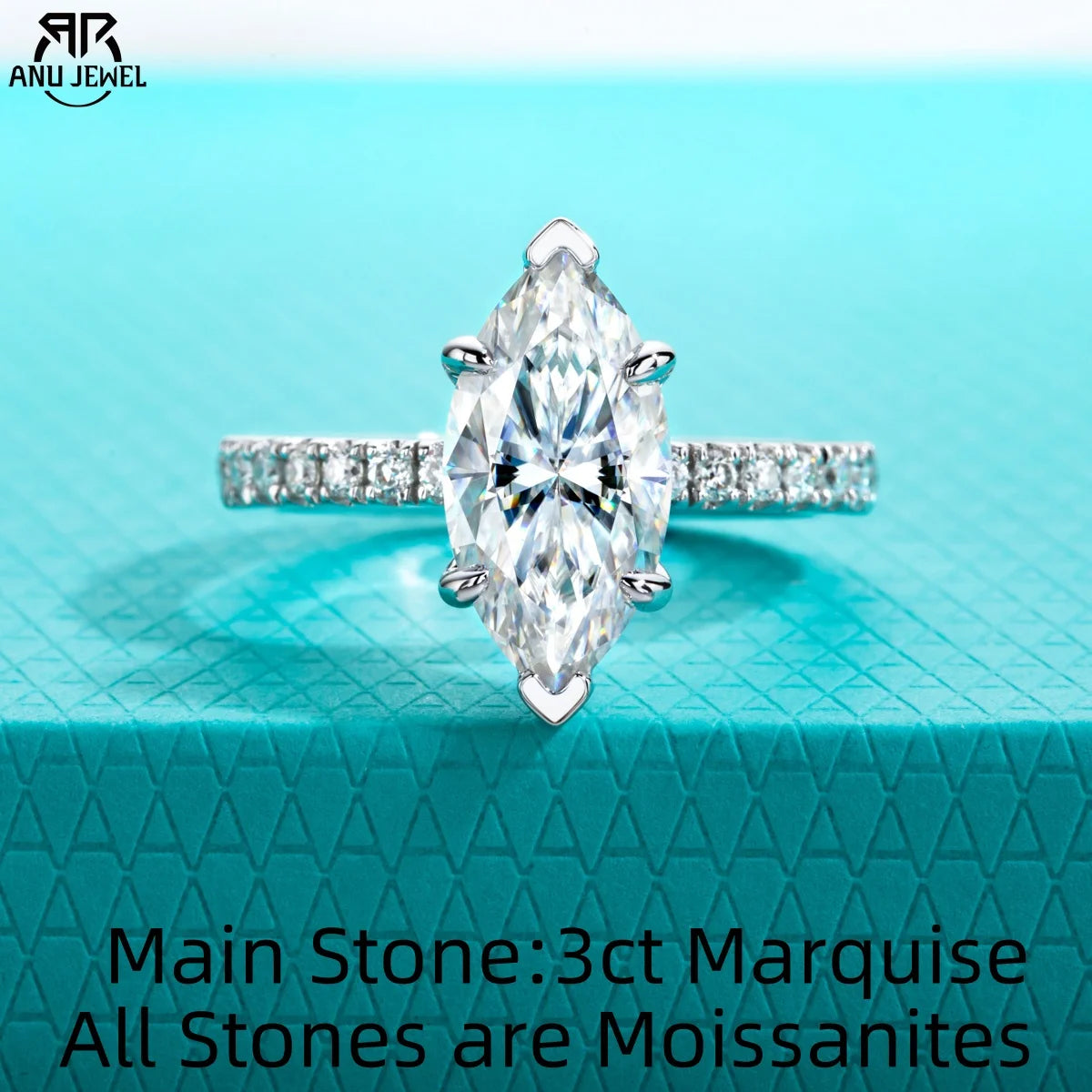 AnuJewel 3ct D Color Marquise Cut Moissanite Ring 925 Sterling Silver Engagement Wedding Ring for Women Birthday Jewelry Gift