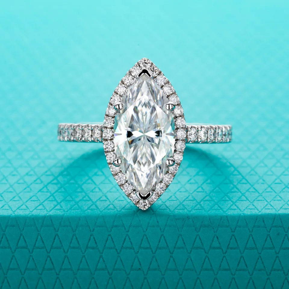 AnuJewel 3ct D Color Marquise Cut Moissanite Halo Engagement Wedding Ring 925 Sterling Silver Rings for Women Gift Jewelry