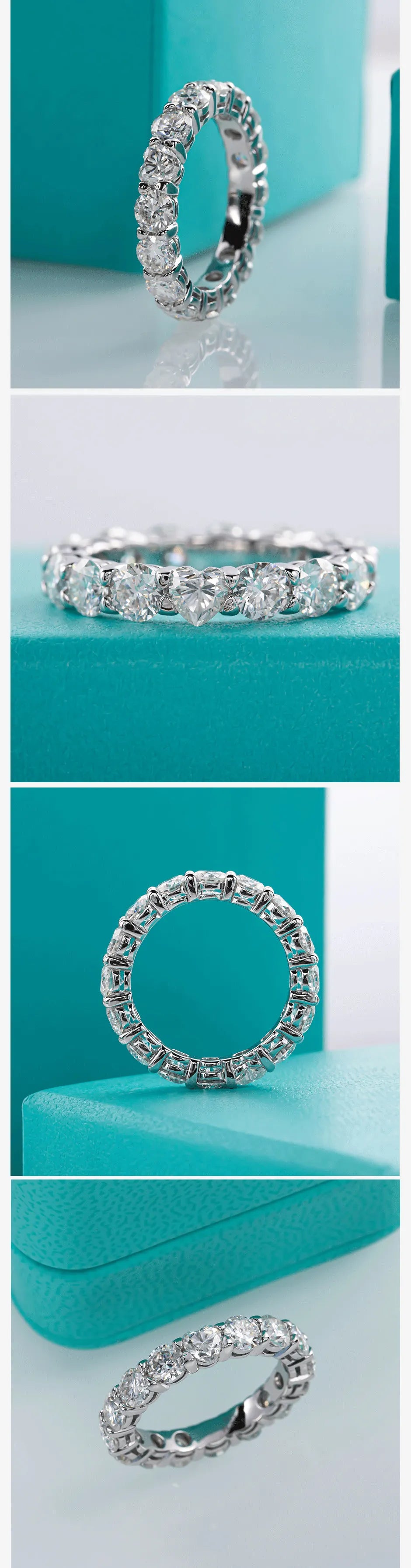 AnuJewel 4mm D Color Heart Moissanite Diamond Wedding Band Ring 18K Gold Plated 925 Sterling Silver Eternity Rings Wholesale