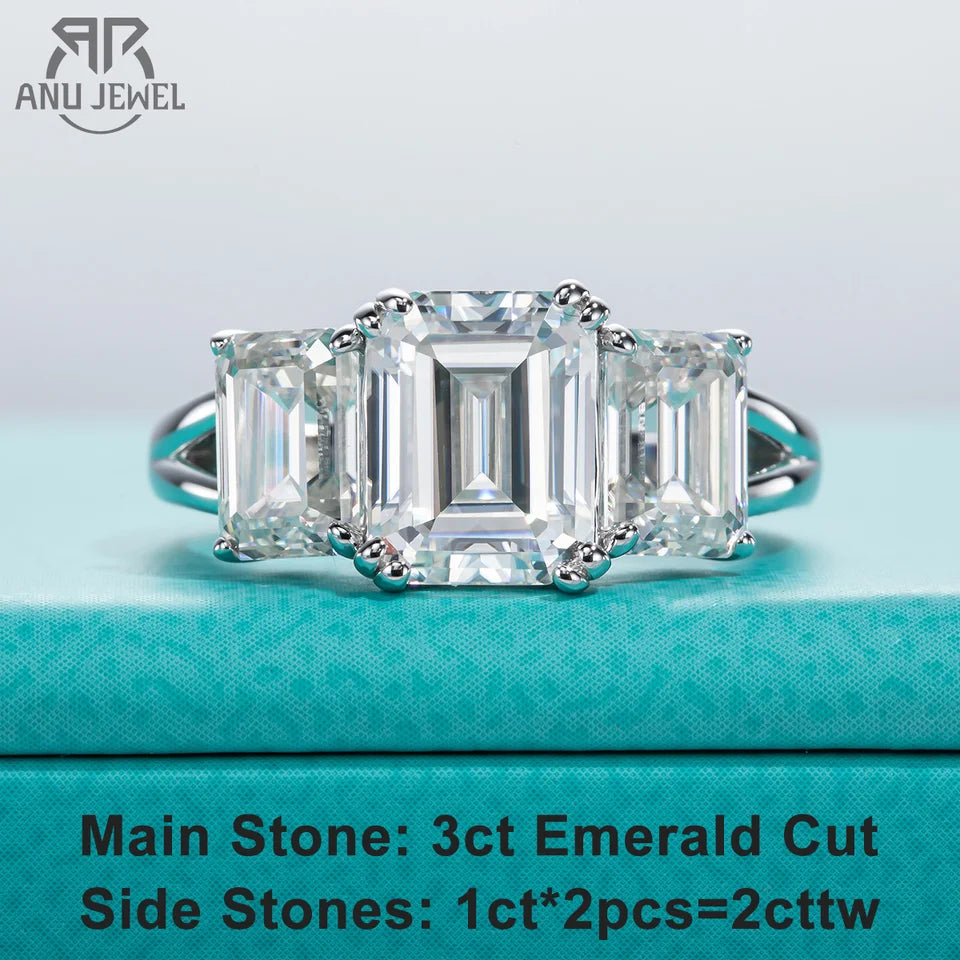 AnuJewel 5cttw Emerald D Color Moissanite Engagement Ring 925 Sterling Silver Three-Stone Ring For Women Jewelry Wholesale