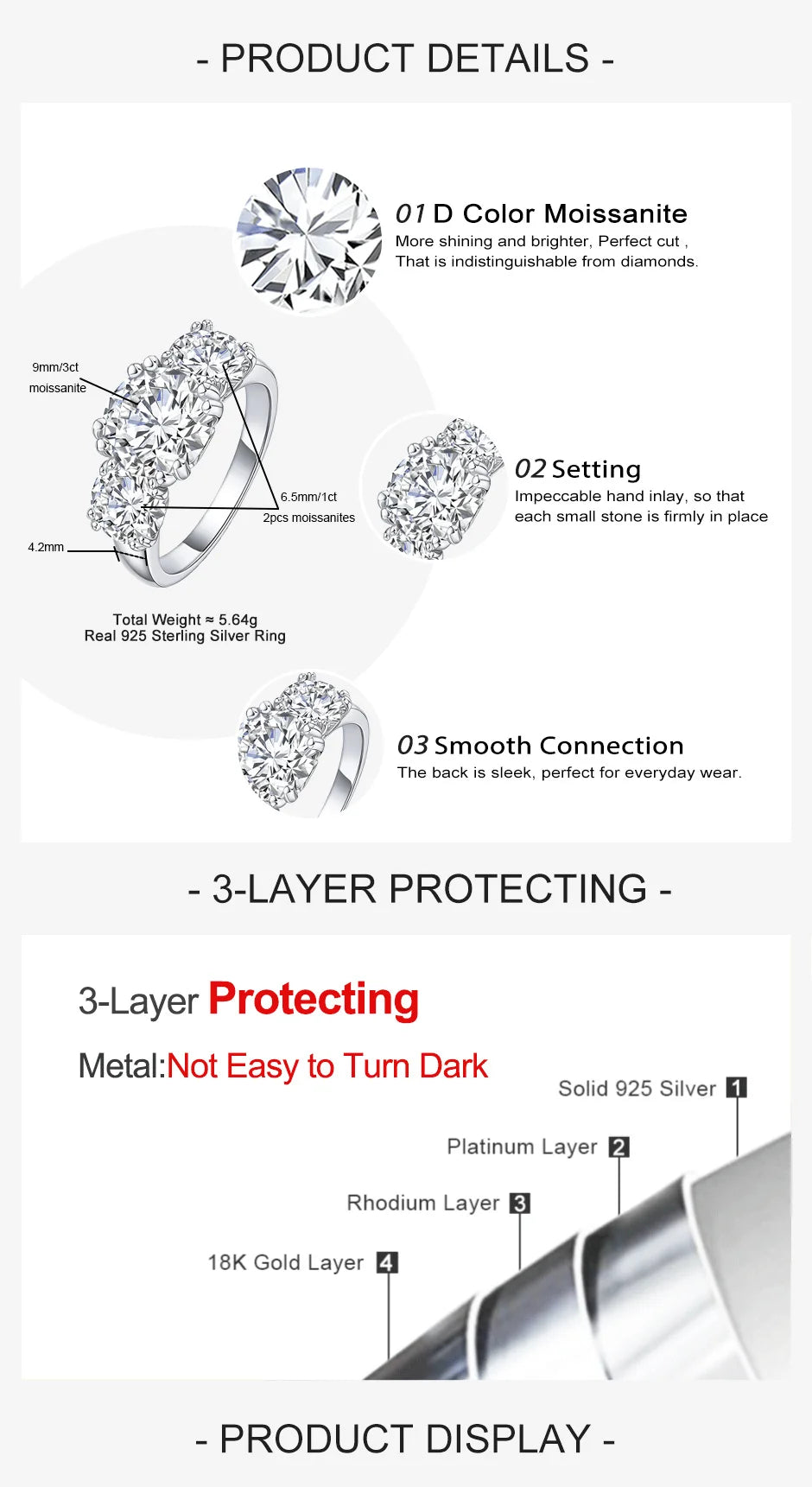 AnuJewel  5cttw D Color Moissanite Luxury Three Stone Engagement Ring 925 Silver Rings 18K Gold Plated Customs Jewelry Wholesale