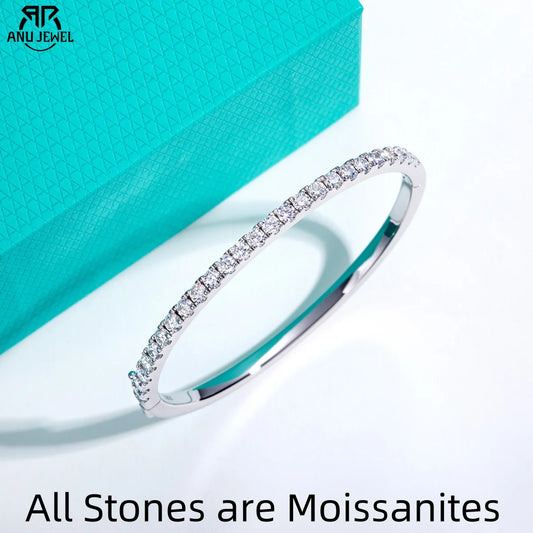 AnuJewel 3mm Half Eternity Moissanite Bracelet 925 Sterling Silver 18K White Gold Plated Bangle for Women Jewelry Gifts