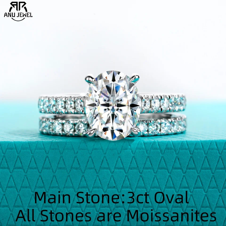 AnuJewel 3ct (Total 4.042ct) Oval Cut D Color Moissanite Bridal Ring Set Wedding Band Silver Rings With Cer Jewelry Wholesale