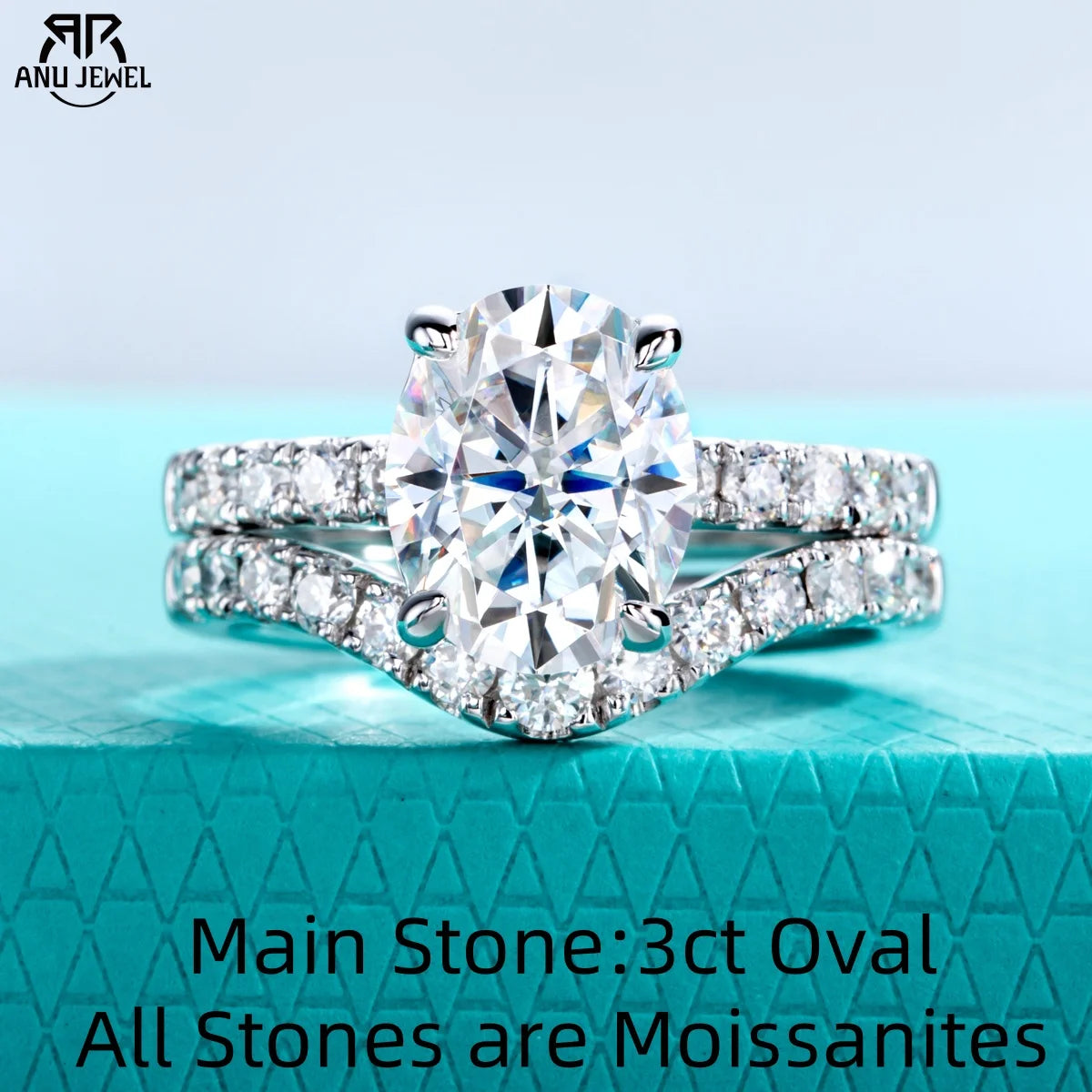 AnuJewel 3ct (Total 3.64ct) Oval Cut D Color Moissanite Bridal Ring Set Wedding Band Silver Rings With Cer Jewelry Wholesale