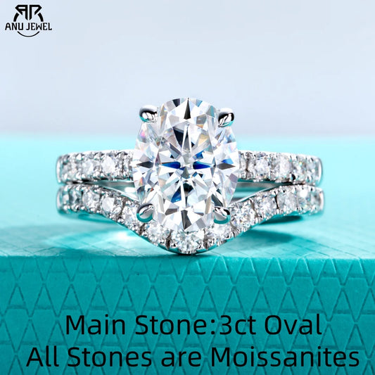 AnuJewel 3ct (Total 3.64ct) Oval Cut D Color Moissanite Bridal Ring Set Wedding Band Silver Rings With Cer Jewelry Wholesale