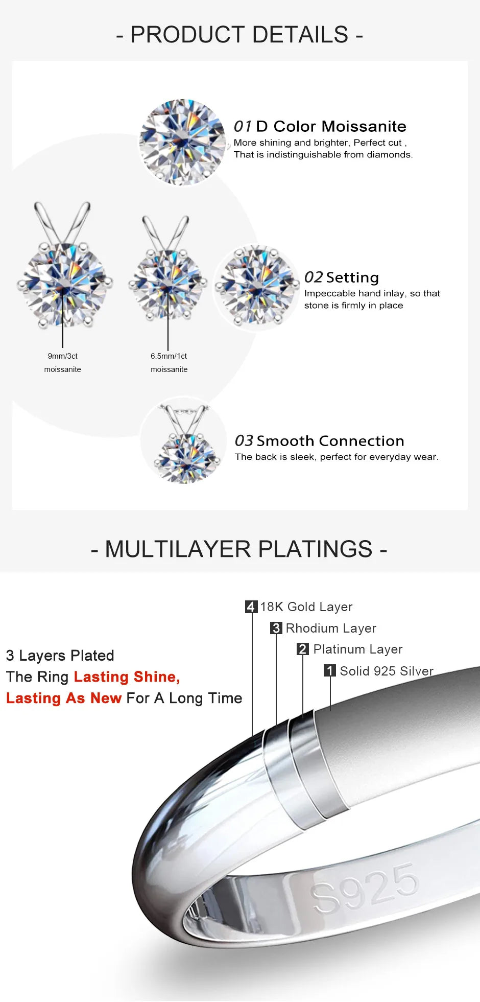 AnuJewel 1ct 3ct 5ct D Color  Moissanite Diamond  Top Quality 18K Gold Plated  Pendant Necklace Fine Jewelry Gifts Wholesale
