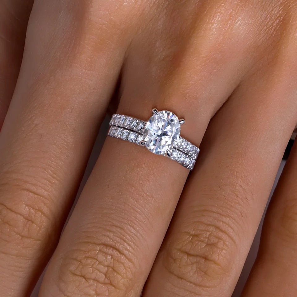 AnuJewel 3ct (Total 4.042ct) Oval Cut D Color Moissanite Bridal Ring Set Wedding Band Silver Rings With Cer Jewelry Wholesale