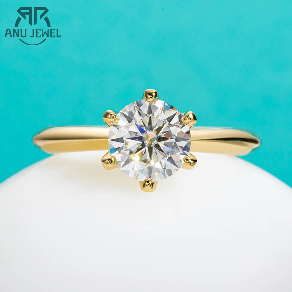AnuJewel Yellow Gold Plated 2ct 3ct D Color Moissanite Engagement Solitaire Rings For Women With Cer Customs Jewelry Wholesale