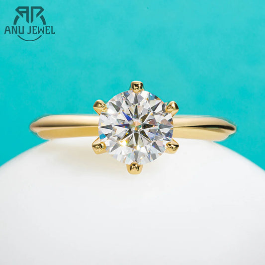 AnuJewel Yellow Gold Plated 2ct 3ct D Color Moissanite Engagement Solitaire Rings For Women With Cer Customs Jewelry Wholesale