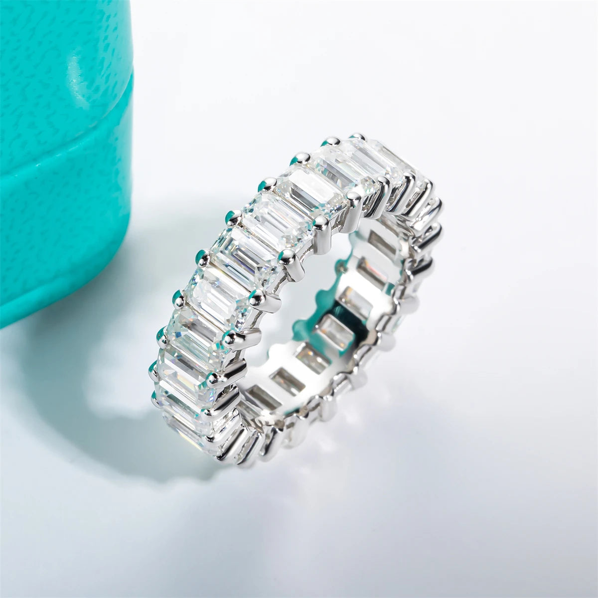 AnuJewel 3*5mm 8.1cttw Emerald Moissanite Eternity Ring 925 Sterling Silver D Color Created Diamond Wedding Band Ring For Women