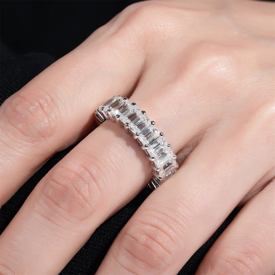 AnuJewel 3*5mm 8.1cttw Emerald Moissanite Eternity Ring 925 Sterling Silver D Color Created Diamond Wedding Band Ring For Women