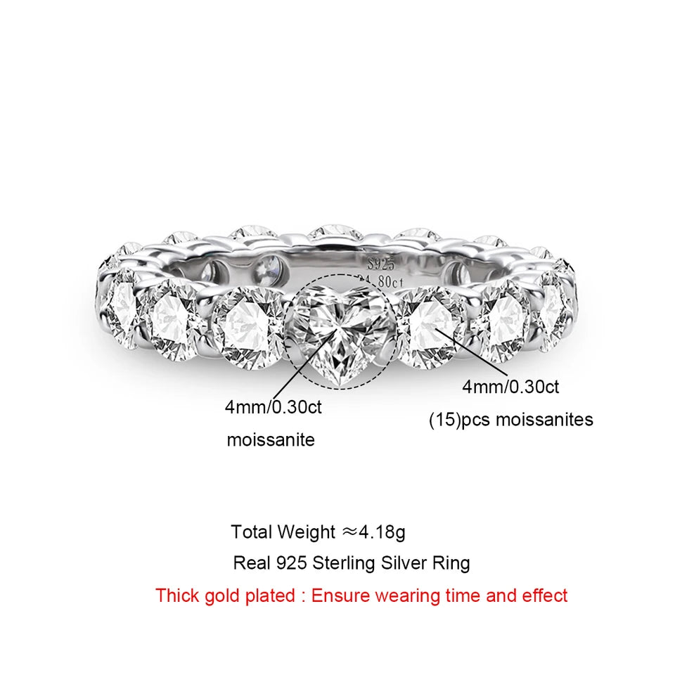 AnuJewel 4mm D Color Heart Moissanite Diamond Wedding Band Ring 18K Gold Plated 925 Sterling Silver Eternity Rings Wholesale