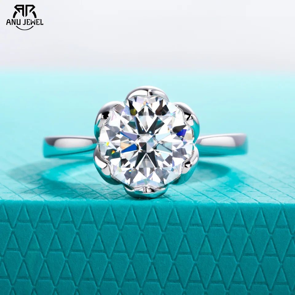 AnuJewel 3ct D Color Moissanite Lotus Engagement Ring 925 Sterling Silver Solitaire Promise Rings for Women Jewelry Gifts